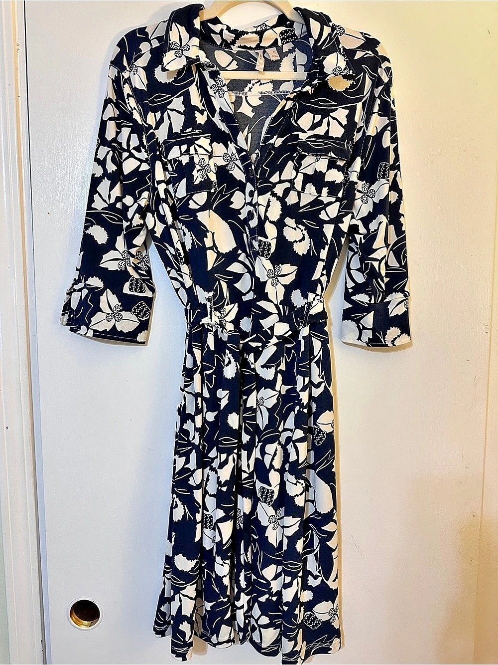 Old Navy Floral Print Belted Midi Shirt Dress Blue & White XL